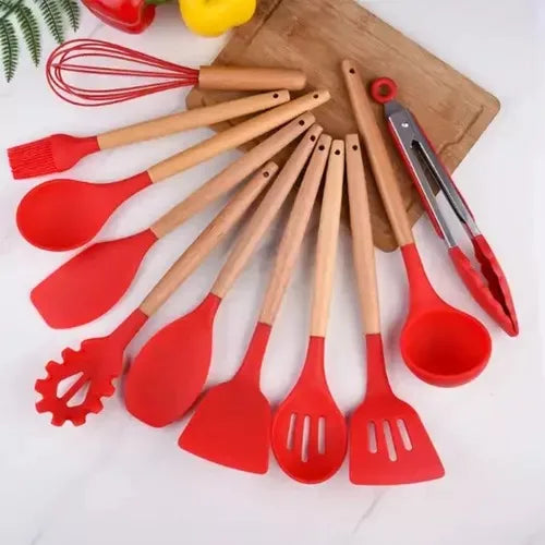 Kit 11 Peças Colher para Cozinha Silicone BPA Antiferrugem Utensílios de Cozinha