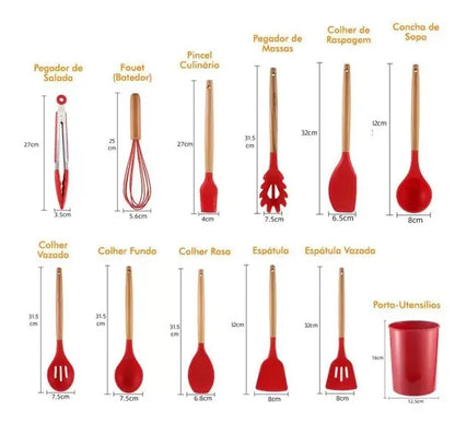 Kit 11 Peças Colher para Cozinha Silicone BPA Antiferrugem Utensílios de Cozinha